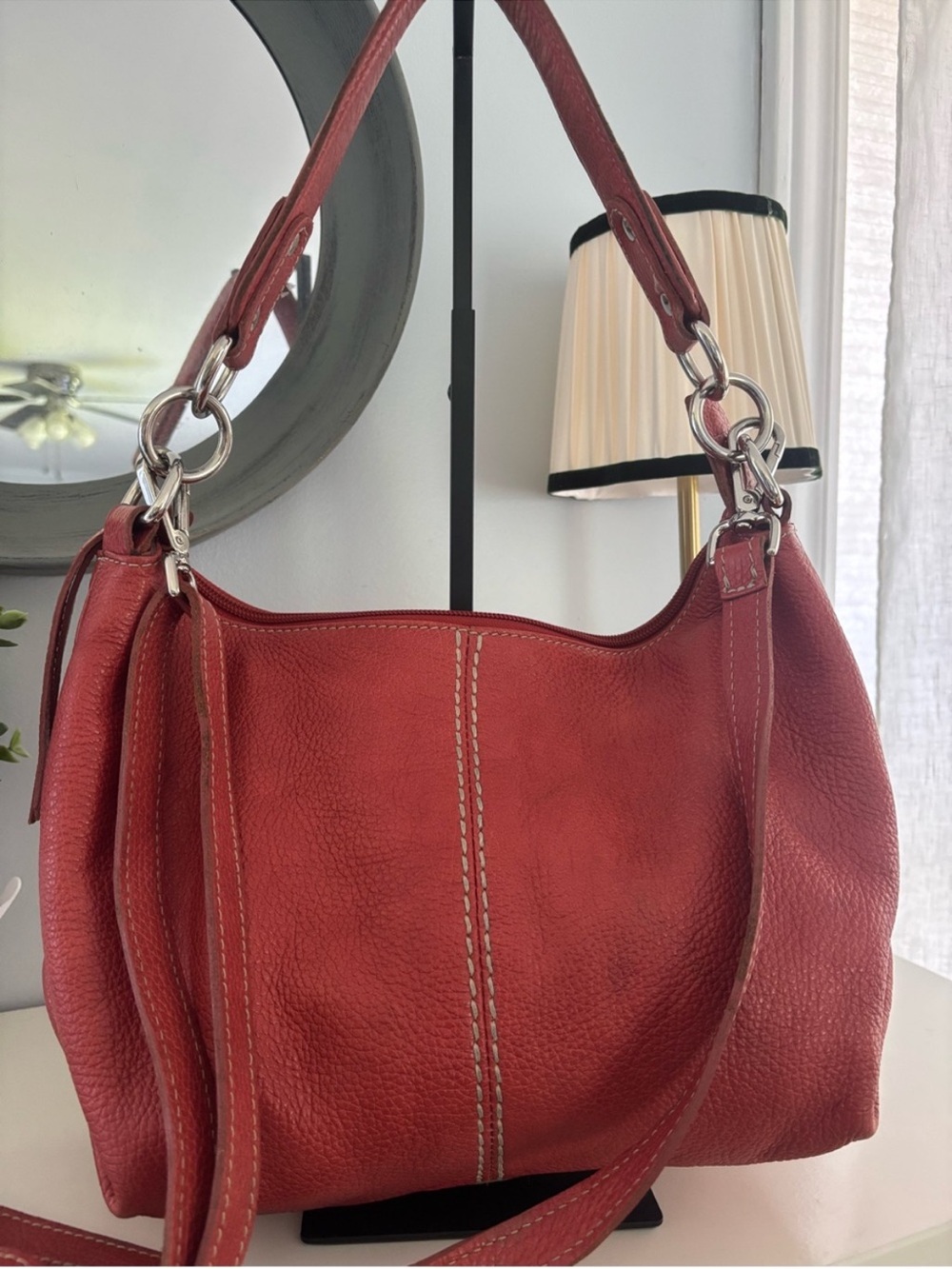 Roots Red Pebble Leather Shoulder Bag with Silver Hardware